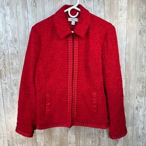 Coldwater‎ Creek Women's Red Jacket Textured Sparkle Leaf Jaquard Ruffle Trim L